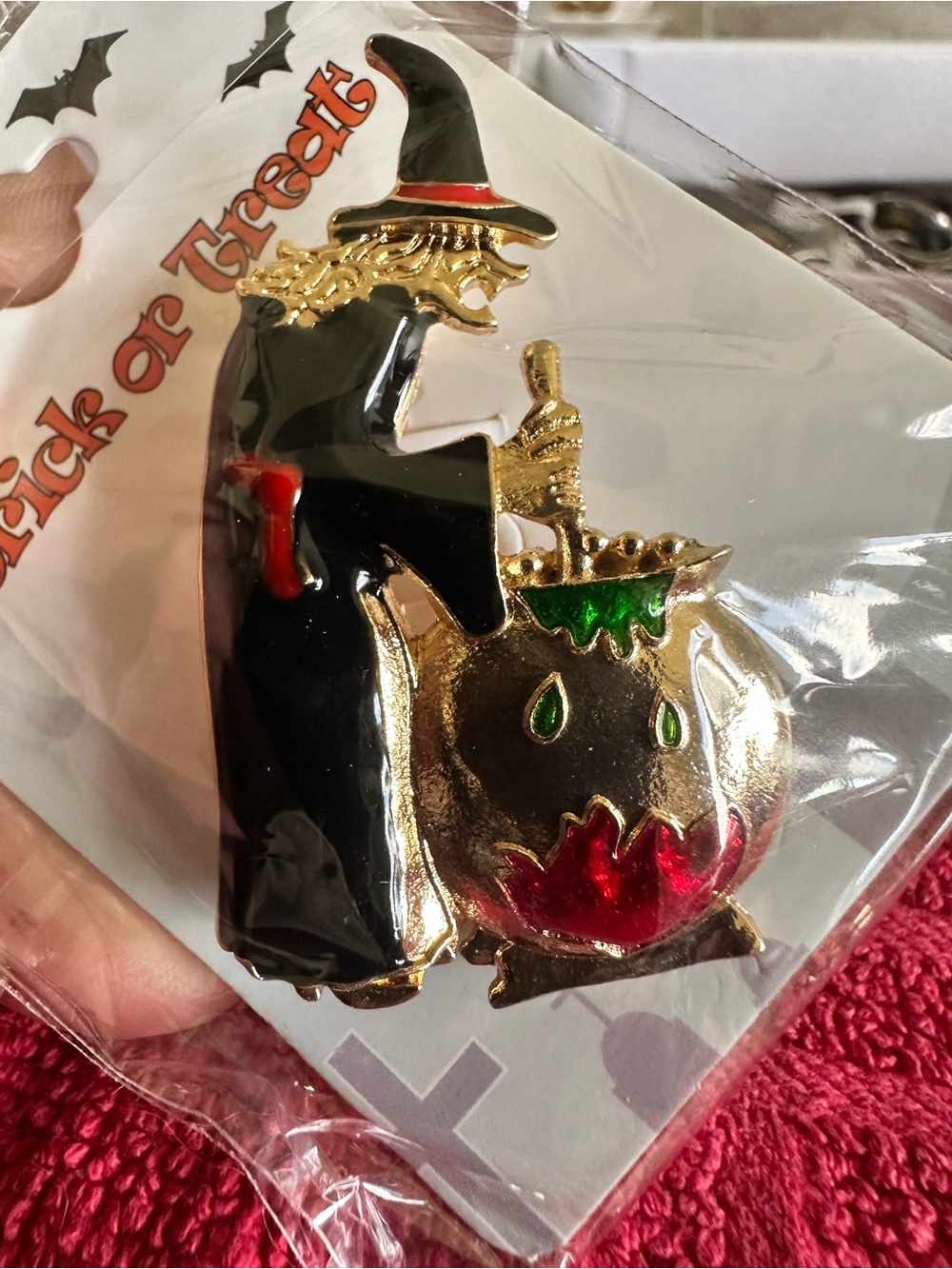 Halloween Witch and Cauldron Enamel Brooch - Black, Gold, Red, Green